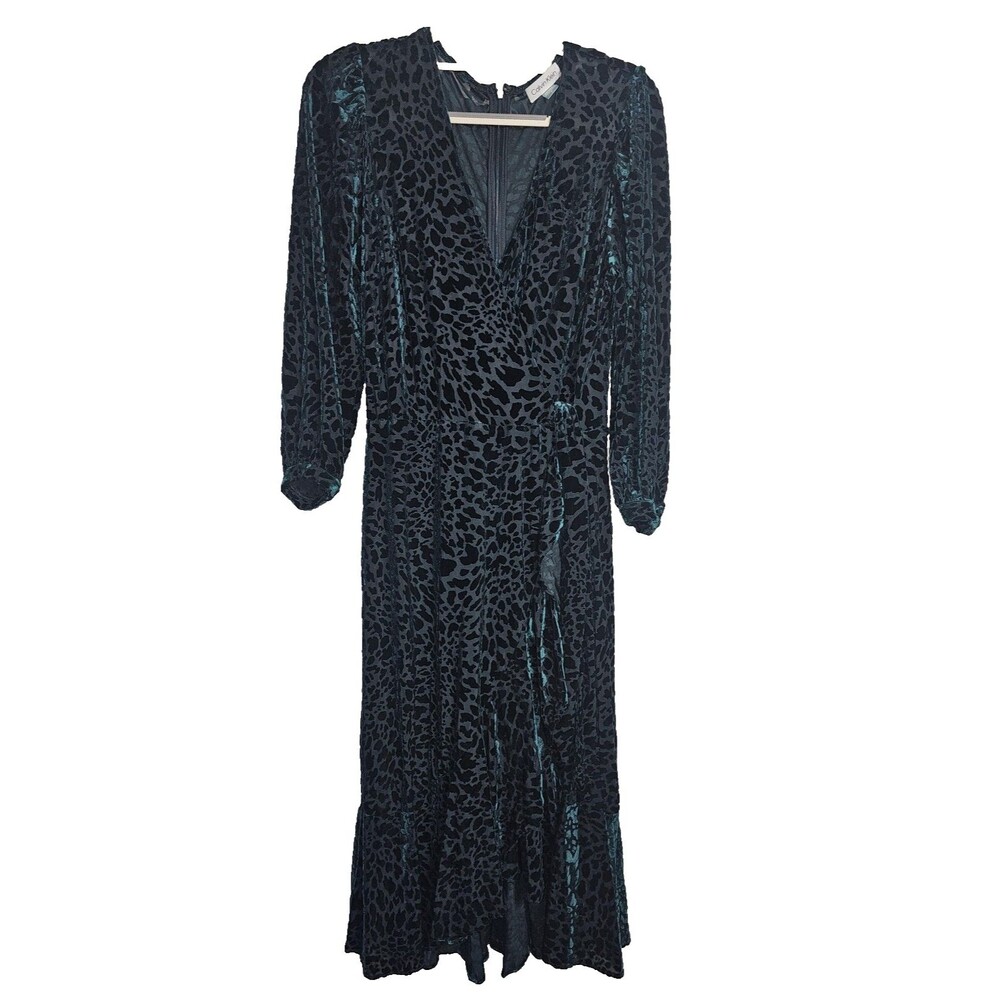 Calvin Klein Burn Out Dress Sz 6 Green Velvet Animal Print Maxi Balloon Sleeve